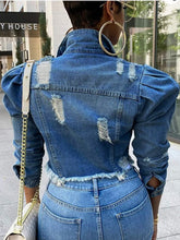 Load image into Gallery viewer, Distressed Puff Sleeve Denim Jacket
