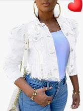 Load image into Gallery viewer, Distressed Puff Sleeve Denim Jacket
